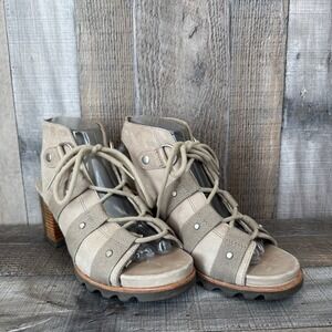 Womens Sorel Addington Taupe Brown Leather Lace Up Block Heels Sandals Size 8 M